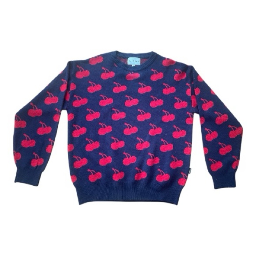KIRSH Cherry Jacquard Knit Sweater Navy Pink Red Korean Streetwear Size S M 1